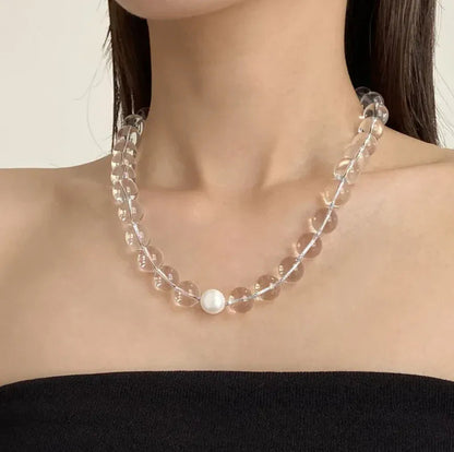 Summer Cool White Crystal Pearl Women's Necklace Transparent Round Beads Simple Clavicle Chain High-End Feelings Choker Necklaces - Eazzy Store